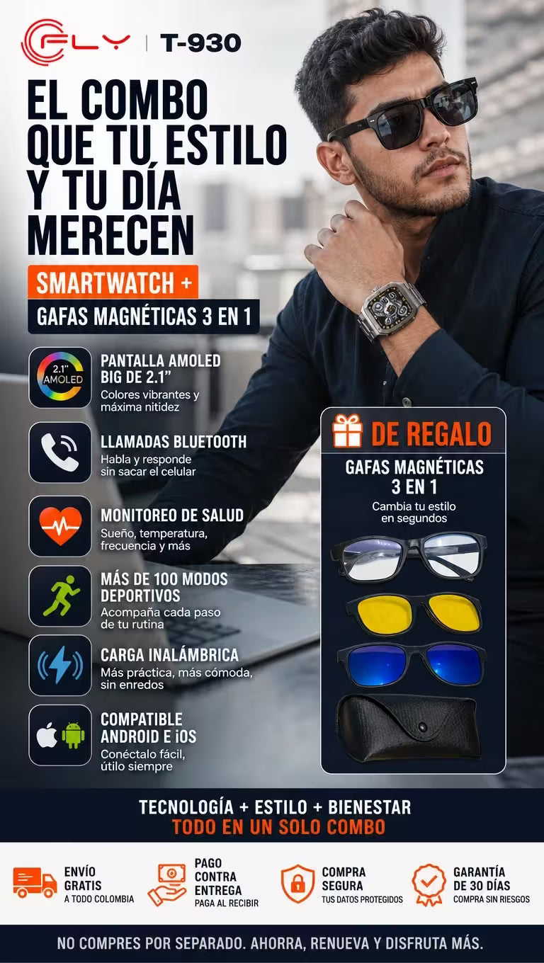 ⌚ Smartwatch T-930 + 🎁 Regalo: Gafas 3 en 1 + 2 Correas Intercambiables