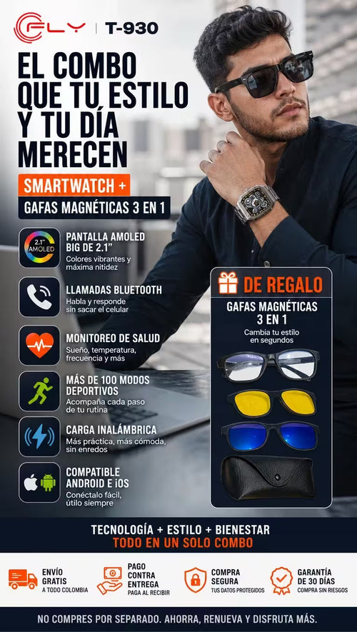 ⌚ Smartwatch T-930 + 🎁 Regalo: Gafas 3 en 1 + 2 Correas Intercambiables